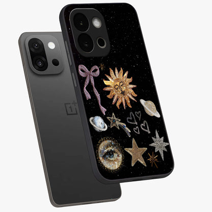 Galactic Sun Charm Glass Case for 1+13S angled mockup showcasing glossy finish and warm galaxy tones