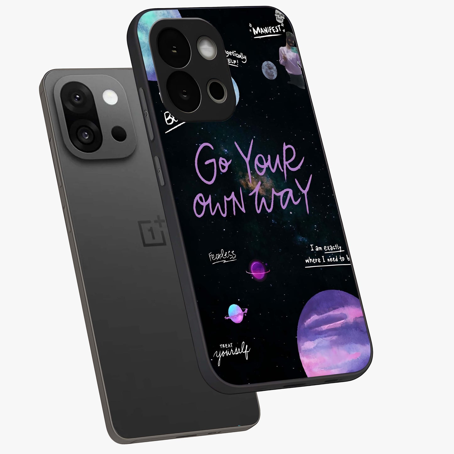 Galactic Vibes Universe Glass Case for 1+13S angled mockup showcasing glossy finish and deep space gradients