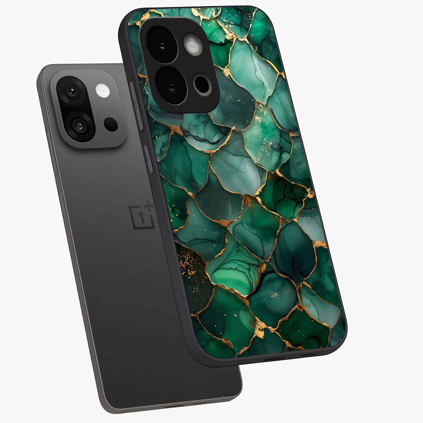 Geometric Polyester Pattern Glass Case for 1+13S angled mockup showcasing glossy finish and clean structured detailing
