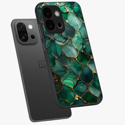 Geometric Polyester Pattern Glass Case for 1+13S angled mockup showcasing glossy finish and clean structured detailing