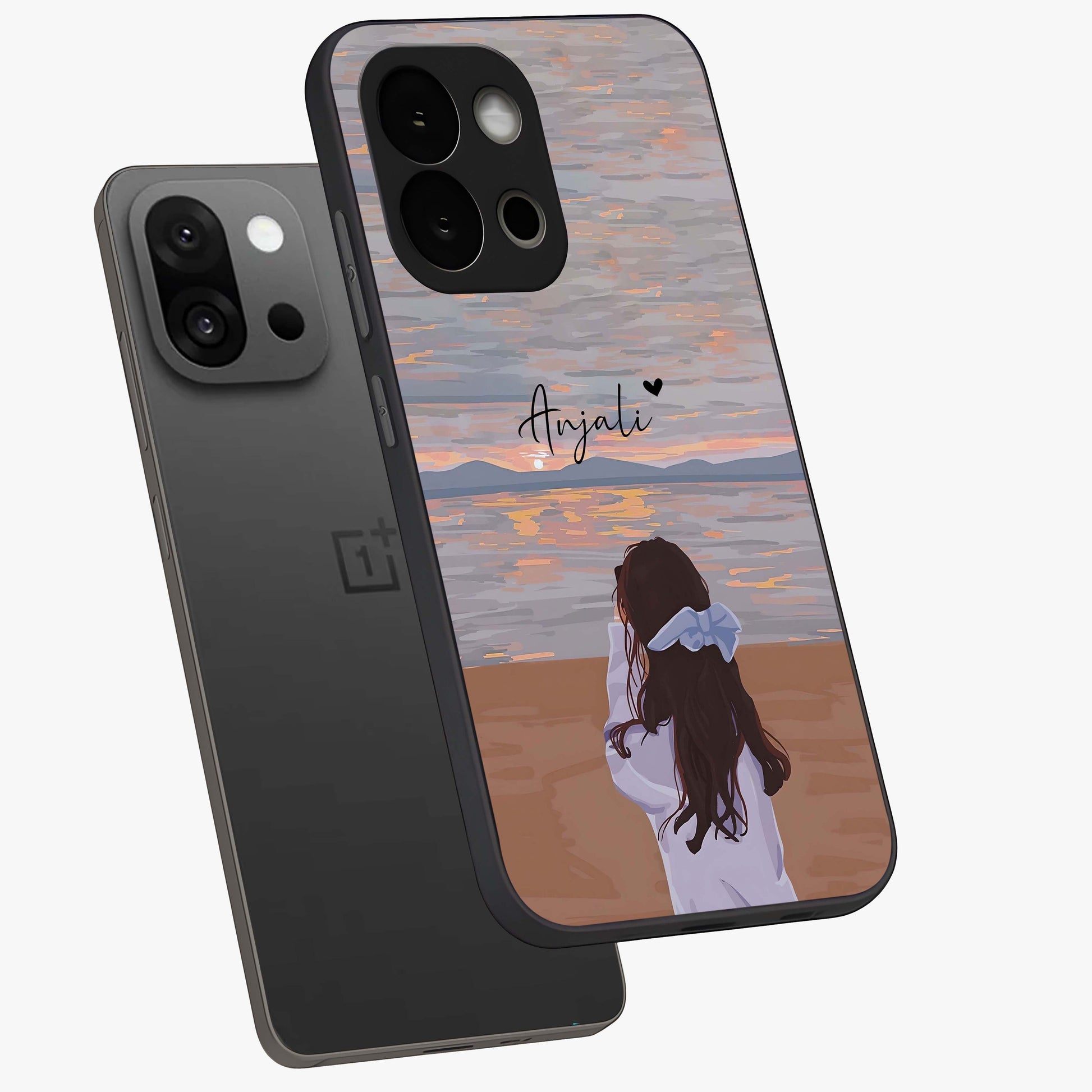 Girl Facing Sunset Beach Glass Case for 1+13S angled mockup showcasing glossy glass finish and warm beach tones