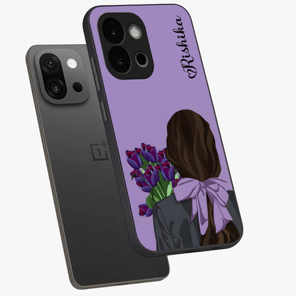 Girl Holding Flowers Glass Case for 1+13S angled mockup showcasing glossy finish and pastel bloom tones