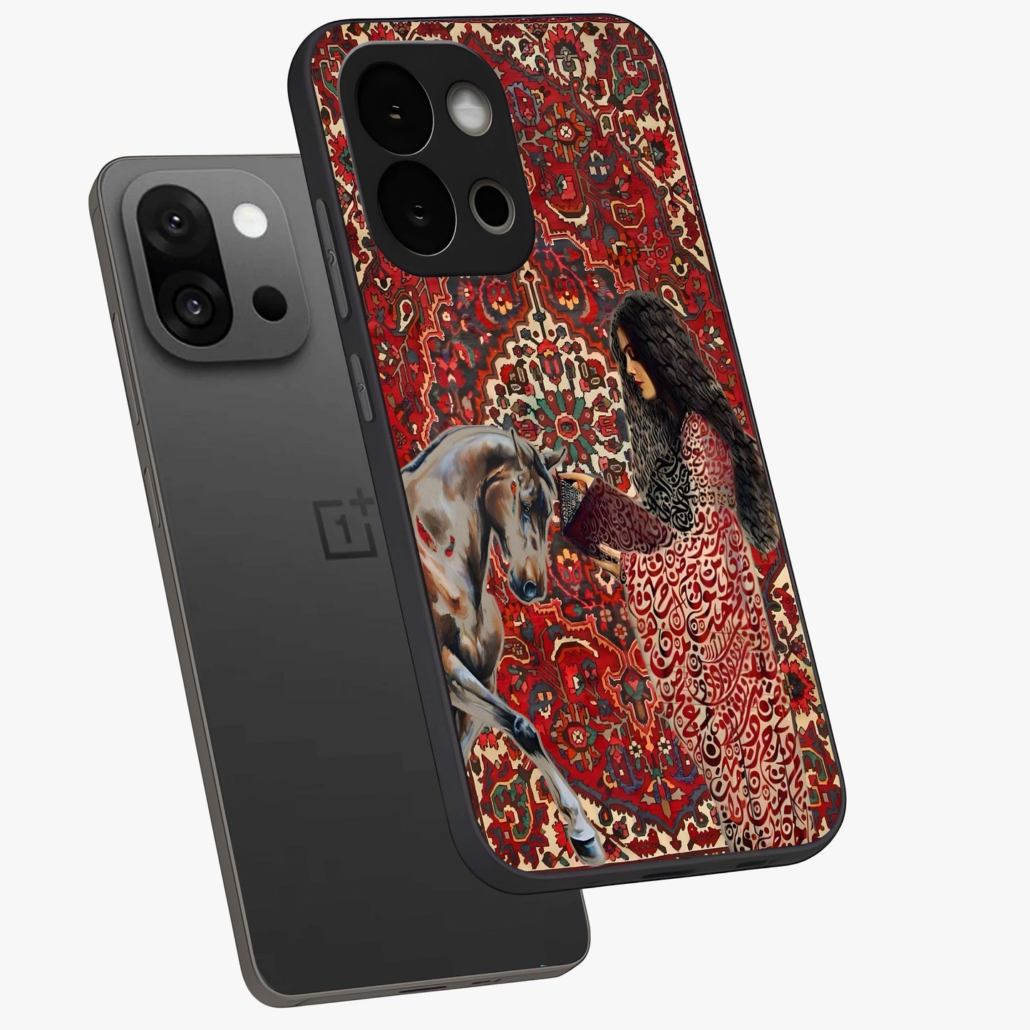 Girl With Horse Glass Case for 1+13S angled mockup showcasing glossy finish and serene countryside tones