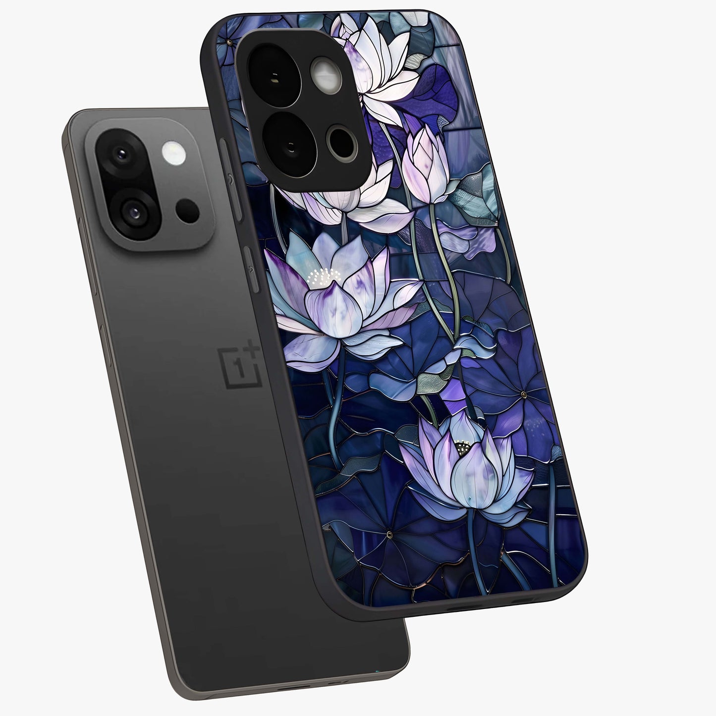 Gloss Petal Rush Glass Case for 1+13S angled mockup showcasing shiny glass finish and vibrant bloom detailing