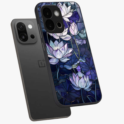 Gloss Petal Rush Glass Case for 1+13S angled mockup showcasing shiny glass finish and vibrant bloom detailing