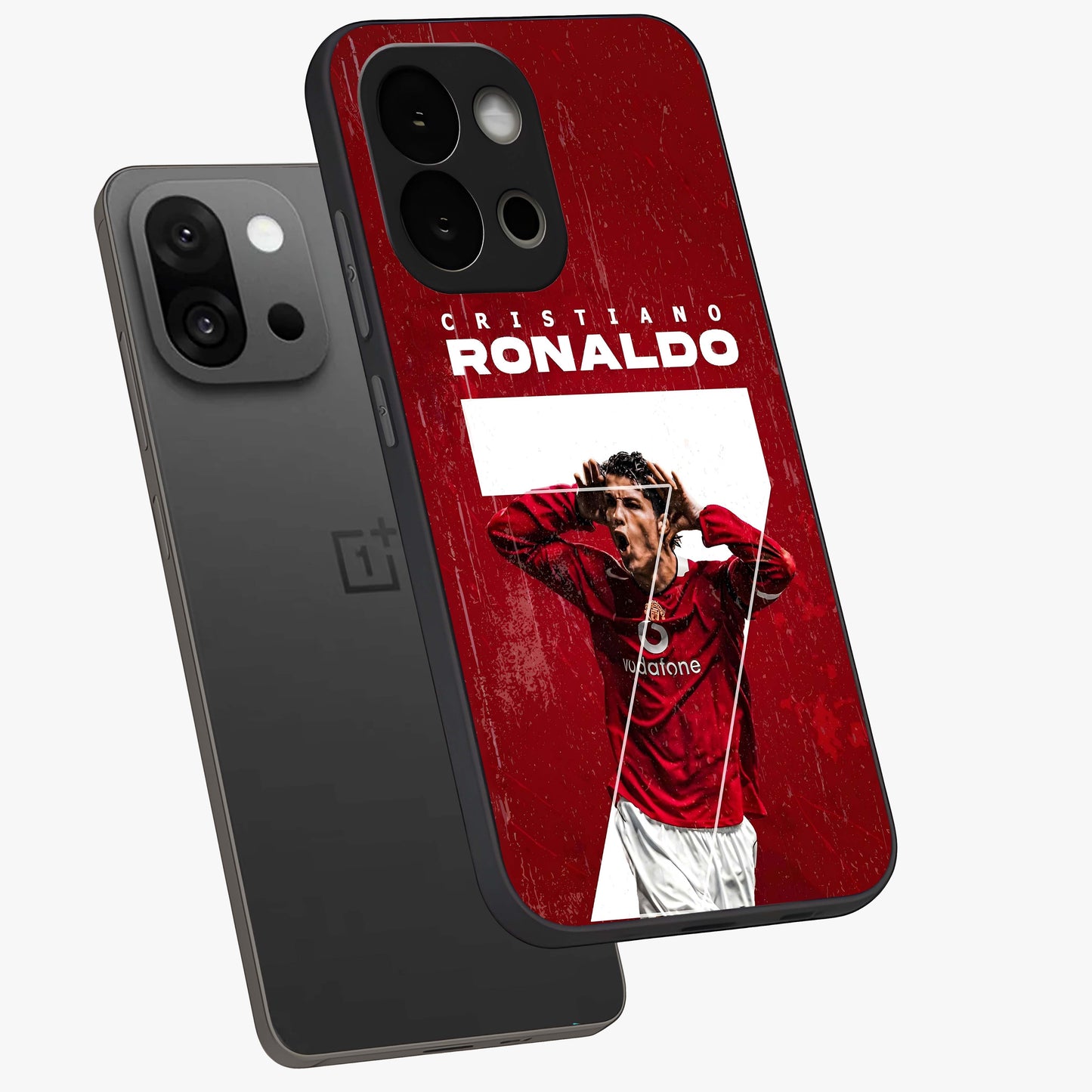 Goal Celebration Legacy Glass Case for 1+13S angled mockup showcasing glossy finish and dynamic action tones