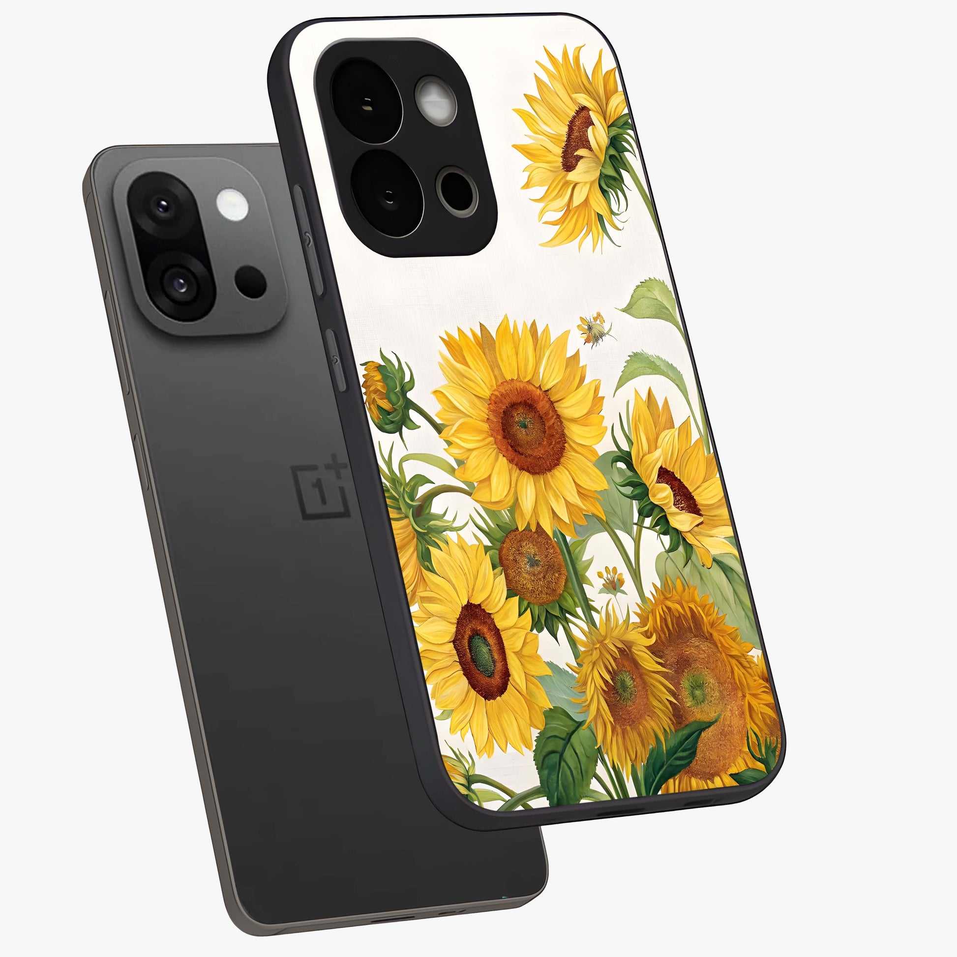 Golden Bloom Night Glass Case for 1+13S angled mockup showcasing glossy glass finish and rich night tones