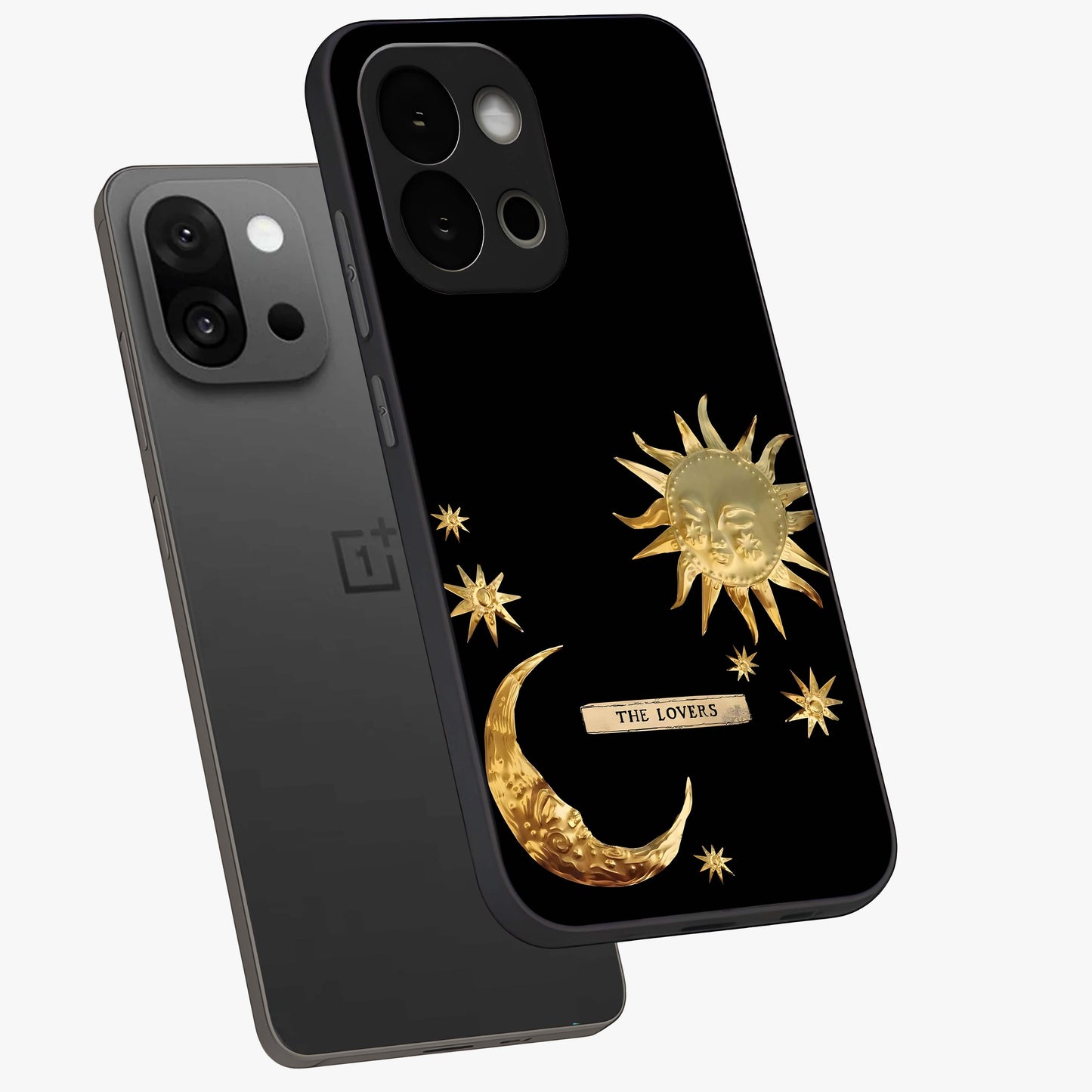 Golden Crescent Mood Glass Case for 1+13S angled mockup showcasing glossy finish and subtle night gradients
