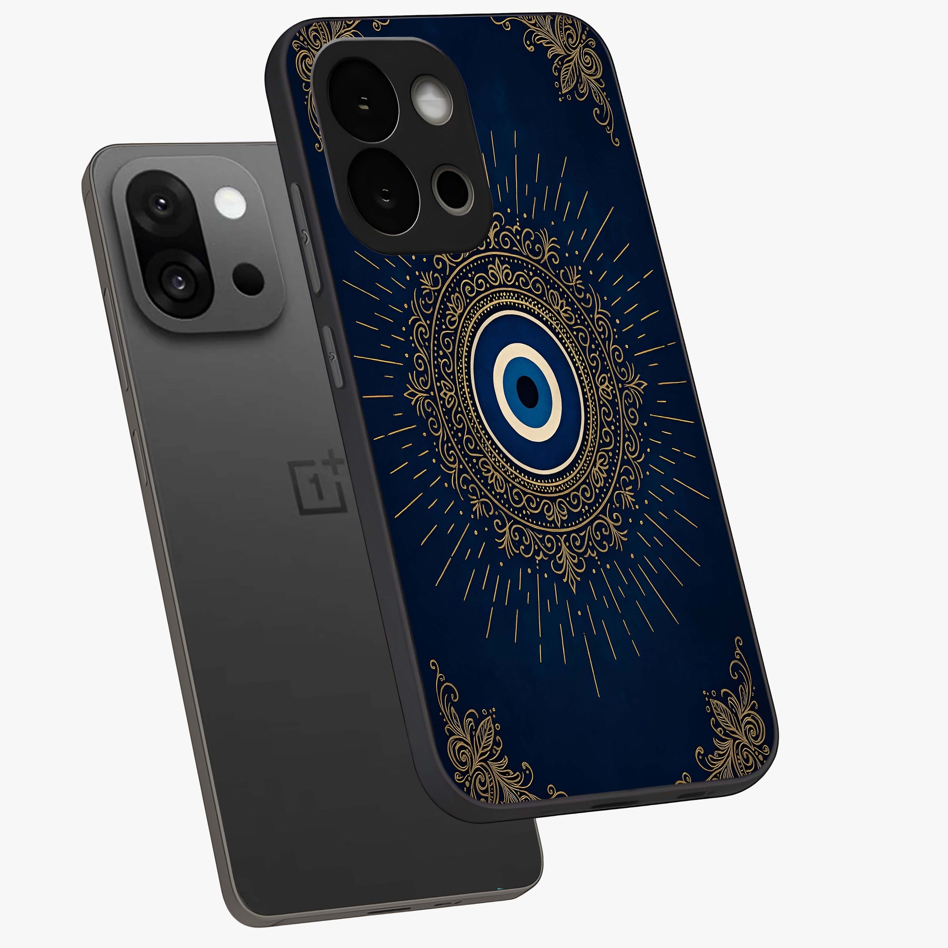 Golden Heart Glow Glass Case for 1+13S angled mockup showcasing glossy finish and radiant warm tones