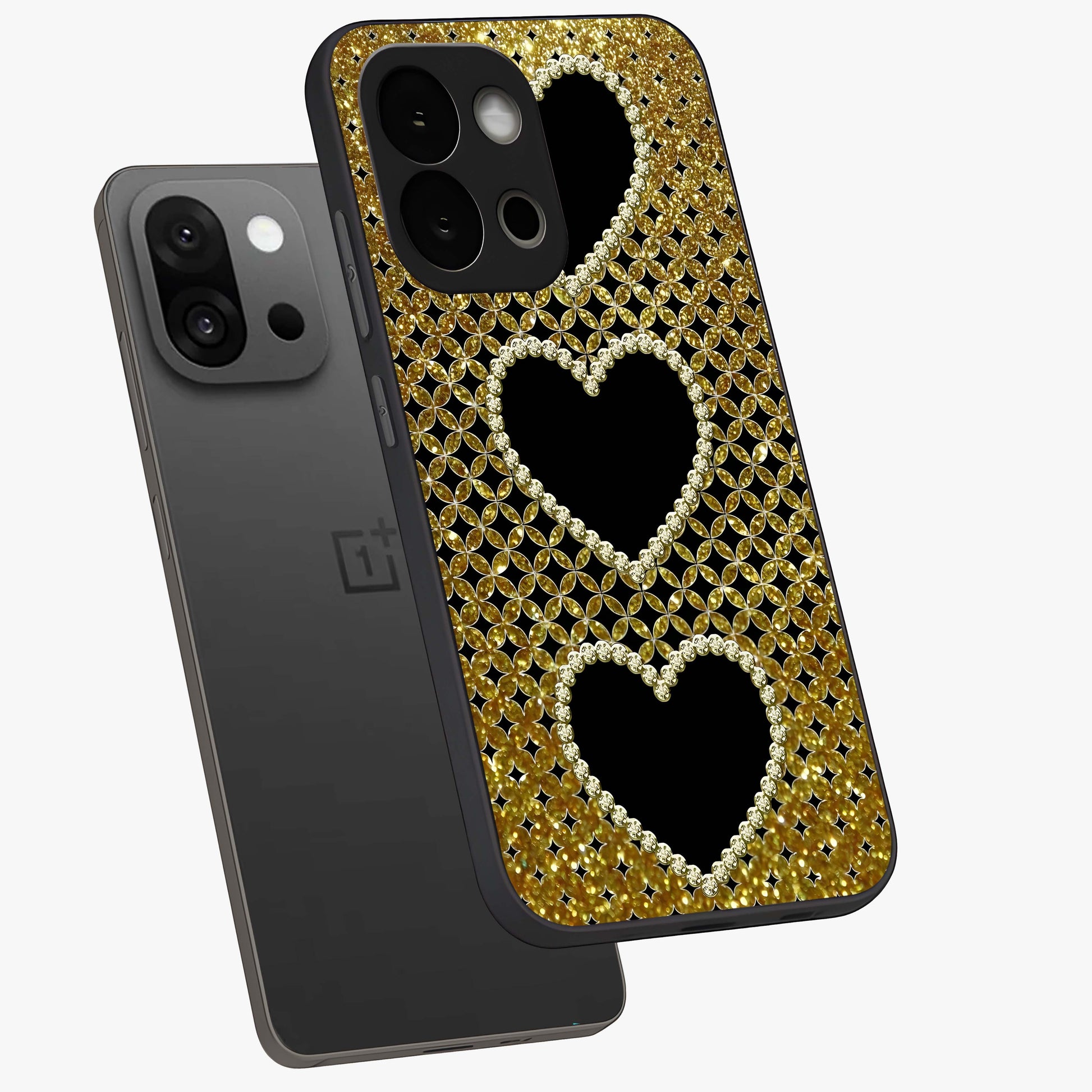 Golden Leaf Dreams Glass Case for 1+13S angled mockup showcasing glossy finish and refined botanical tones