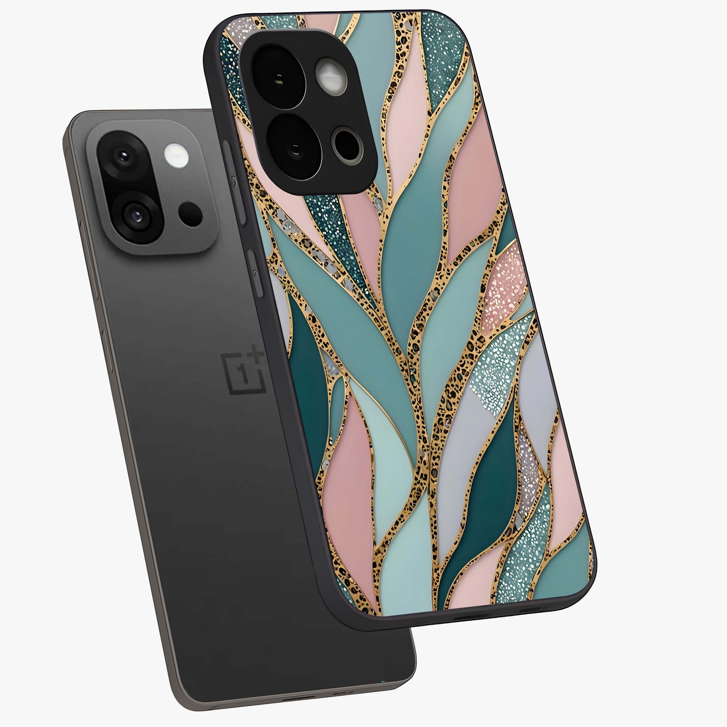 Golden Lotus Glow Glass Case for 1+13S angled mockup showcasing glossy finish and luminous spiritual tones
