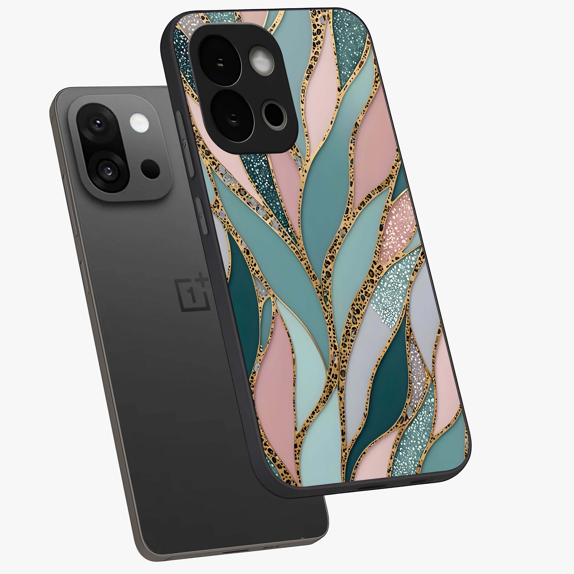 Golden Lotus Glow Glass Case for 1+13S angled mockup showcasing glossy finish and luminous spiritual tones