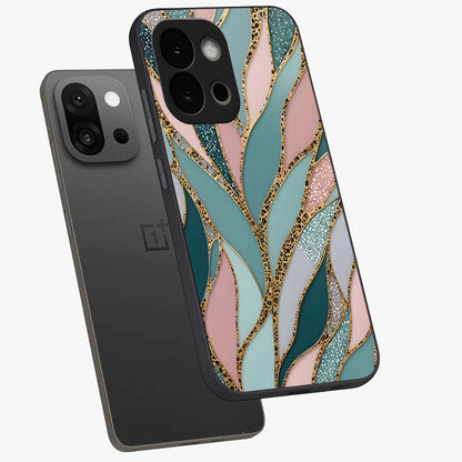 Golden Lotus Glow Glass Case for 1+13S angled mockup showcasing glossy finish and luminous spiritual tones