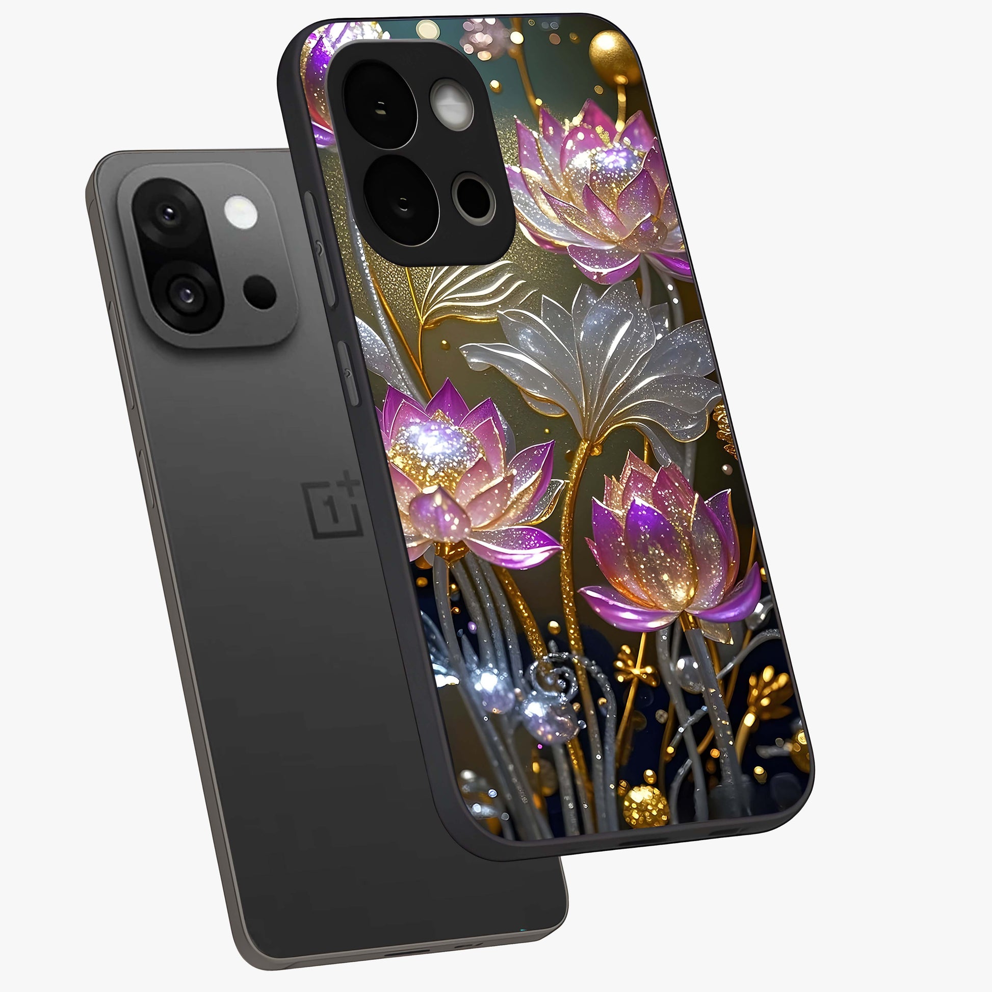Golden Mind Moment Glass Case for 1+13S angled mockup showcasing glossy finish and rich warm gradients