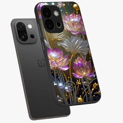 Golden Mind Moment Glass Case for 1+13S angled mockup showcasing glossy finish and rich warm gradients