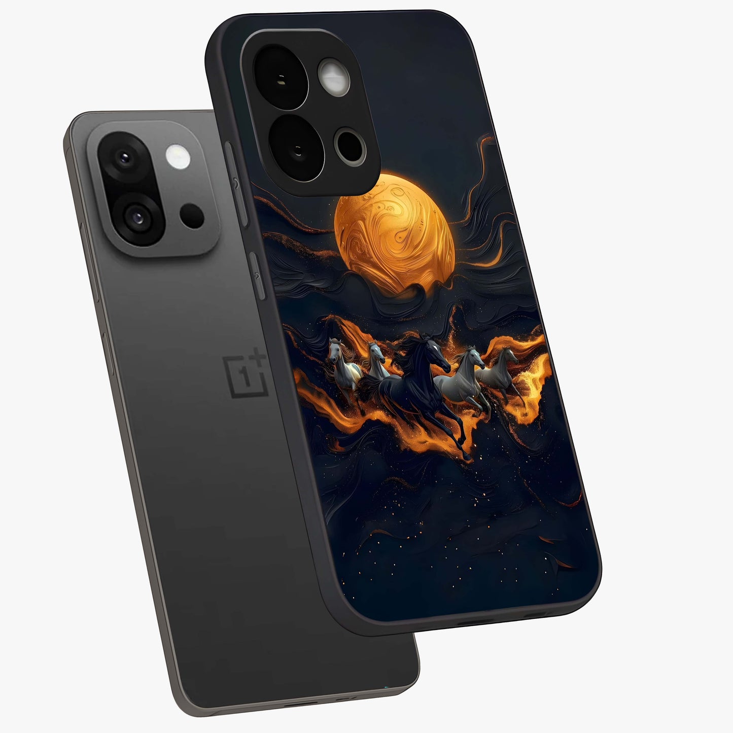 Golden Sun Majesty Glass Case for 1+13S angled mockup showcasing glossy finish and warm celestial gradients