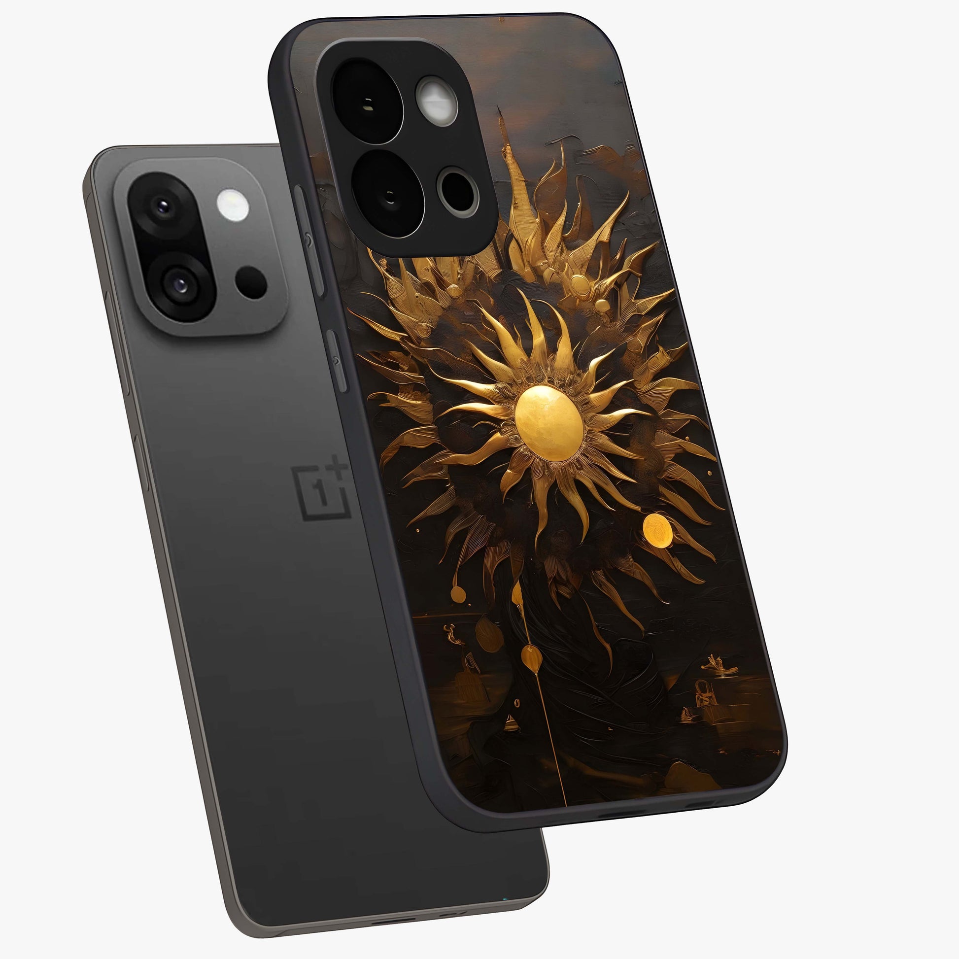 Golden Sun Minimalism Glass Case for 1+13S angled mockup showcasing glossy finish and subtle warm tones