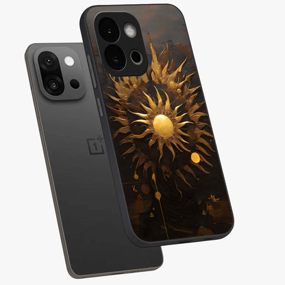 Golden Sun Minimalism Glass Case for 1+13S angled mockup showcasing glossy finish and subtle warm tones