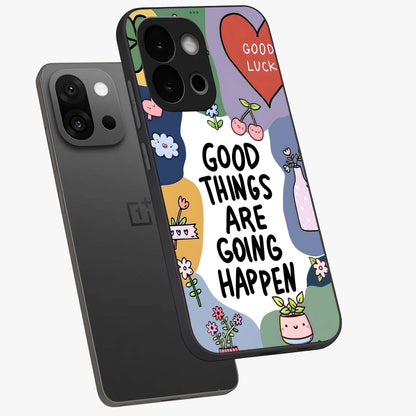 Good Thing Quote Glass Case for 1+13S angled mockup showcasing glossy finish and clean modern design