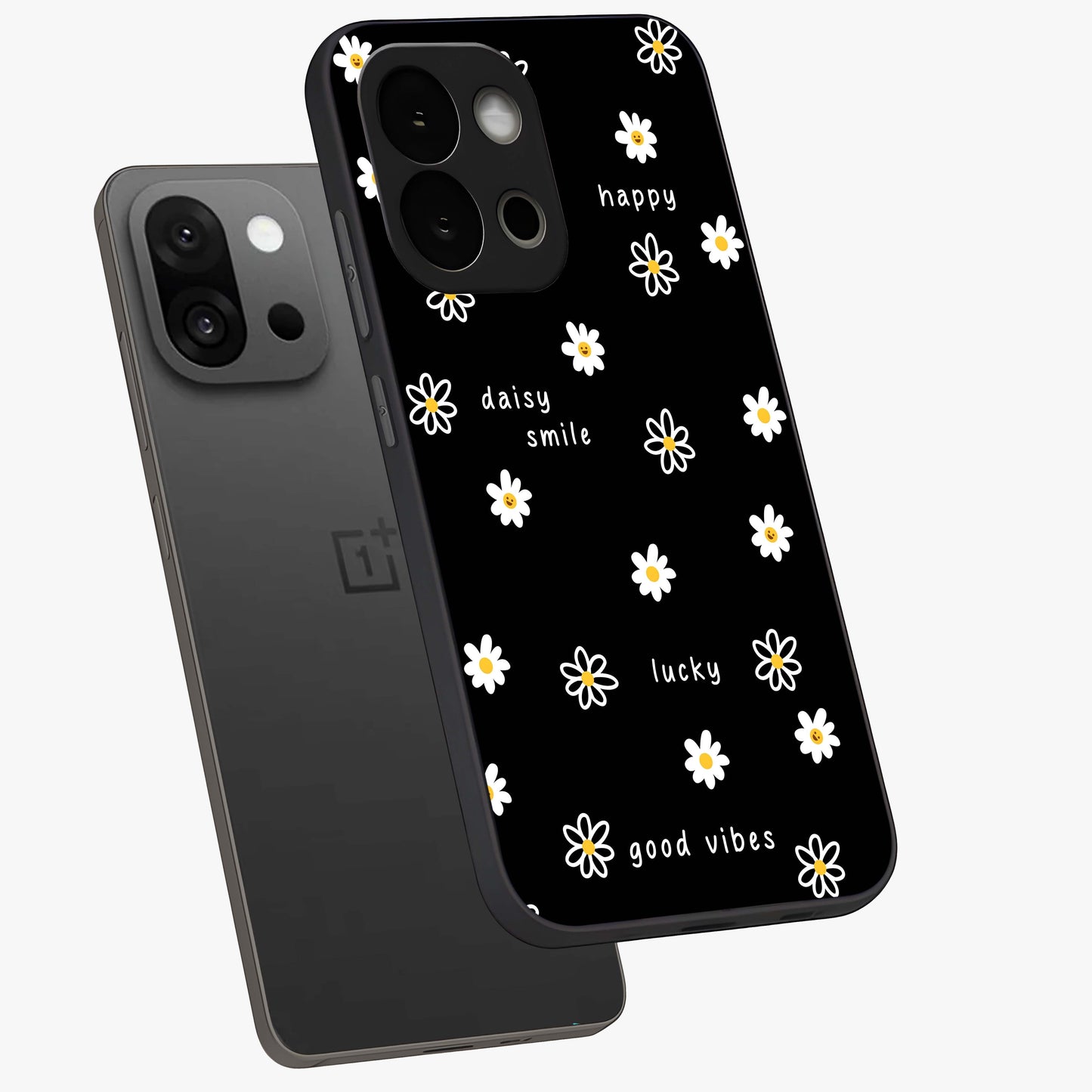 Good Vibes Daisy Black Pattern Glass Case for 1+13S angled mockup showcasing glossy finish and bold floral contrast