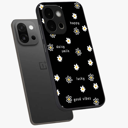 Good Vibes Daisy Black Pattern Glass Case for 1+13S angled mockup showcasing glossy finish and bold floral contrast