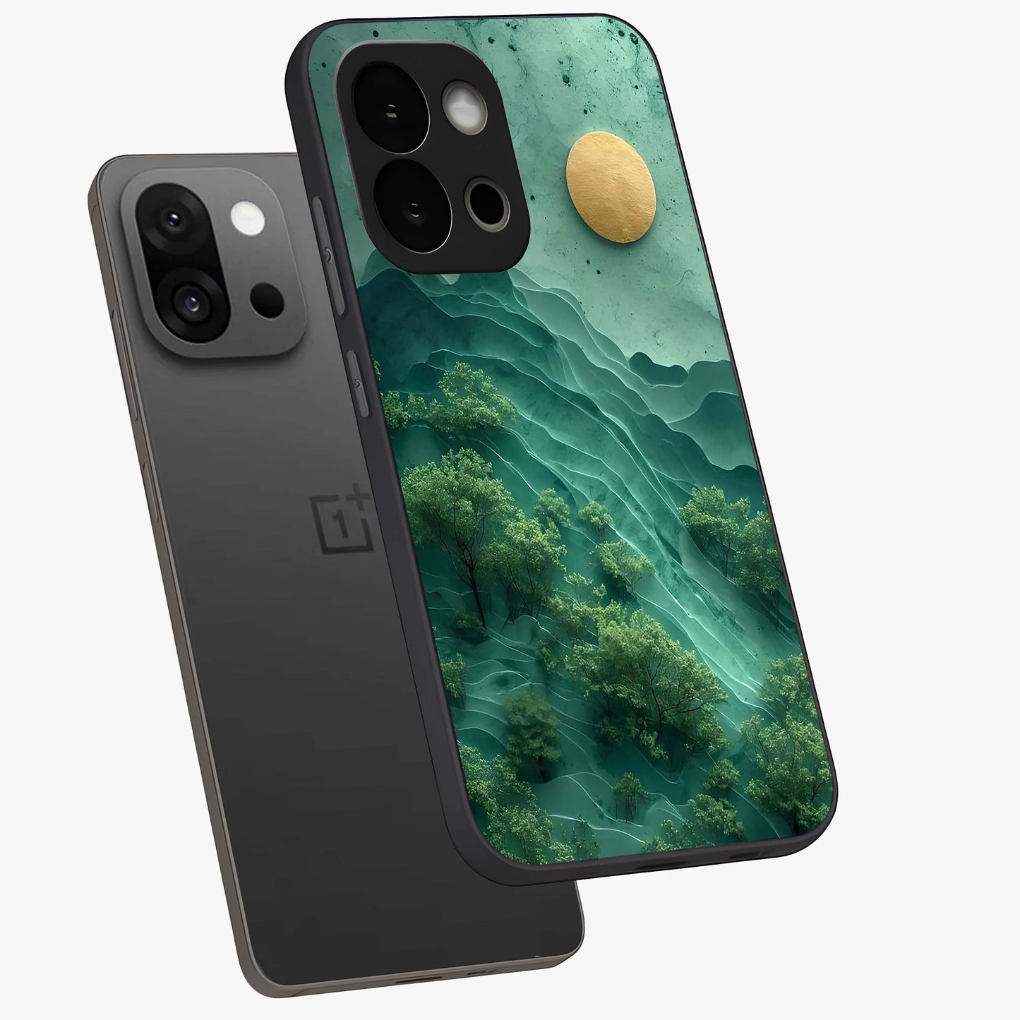 Green Hills With Sun Glass Case for 1+13S angled mockup showcasing glossy finish and natural gradient tones