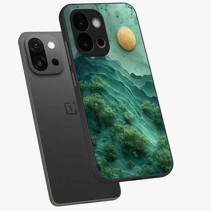 Green Hills With Sun Glass Case for 1+13S angled mockup showcasing glossy finish and natural gradient tones