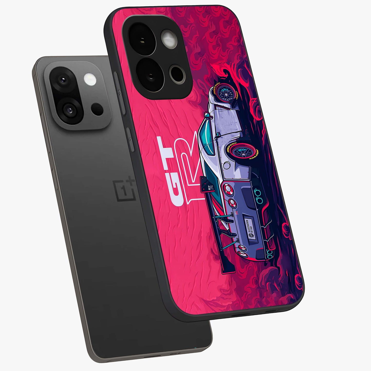 Gt R Car Pattern Glass Case for 1+13S angled mockup showcasing glossy finish and sporty detailing