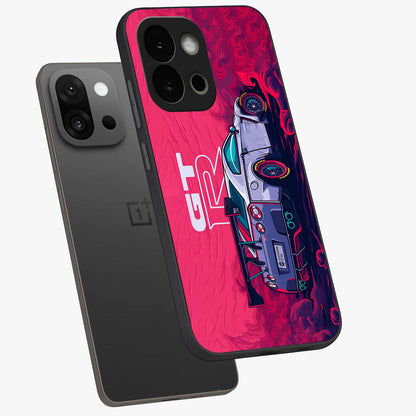 Gt R Car Pattern Glass Case for 1+13S angled mockup showcasing glossy finish and sporty detailing