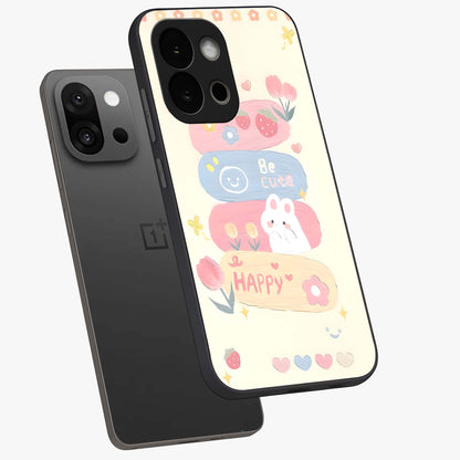Happy Cute Bunny Glass Case for 1+13S angled mockup showcasing glossy finish and soft pastel tones