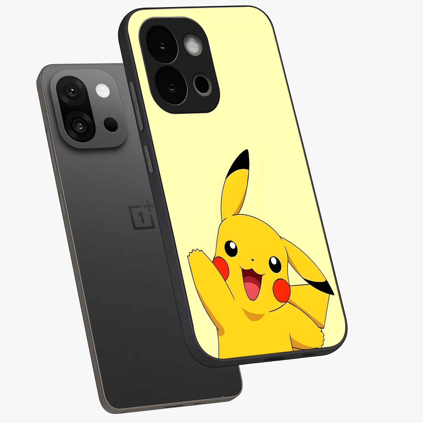 Happy Electric Pikachu Glass Case for 1+13S angled mockup showcasing glossy finish and vibrant yellow tones