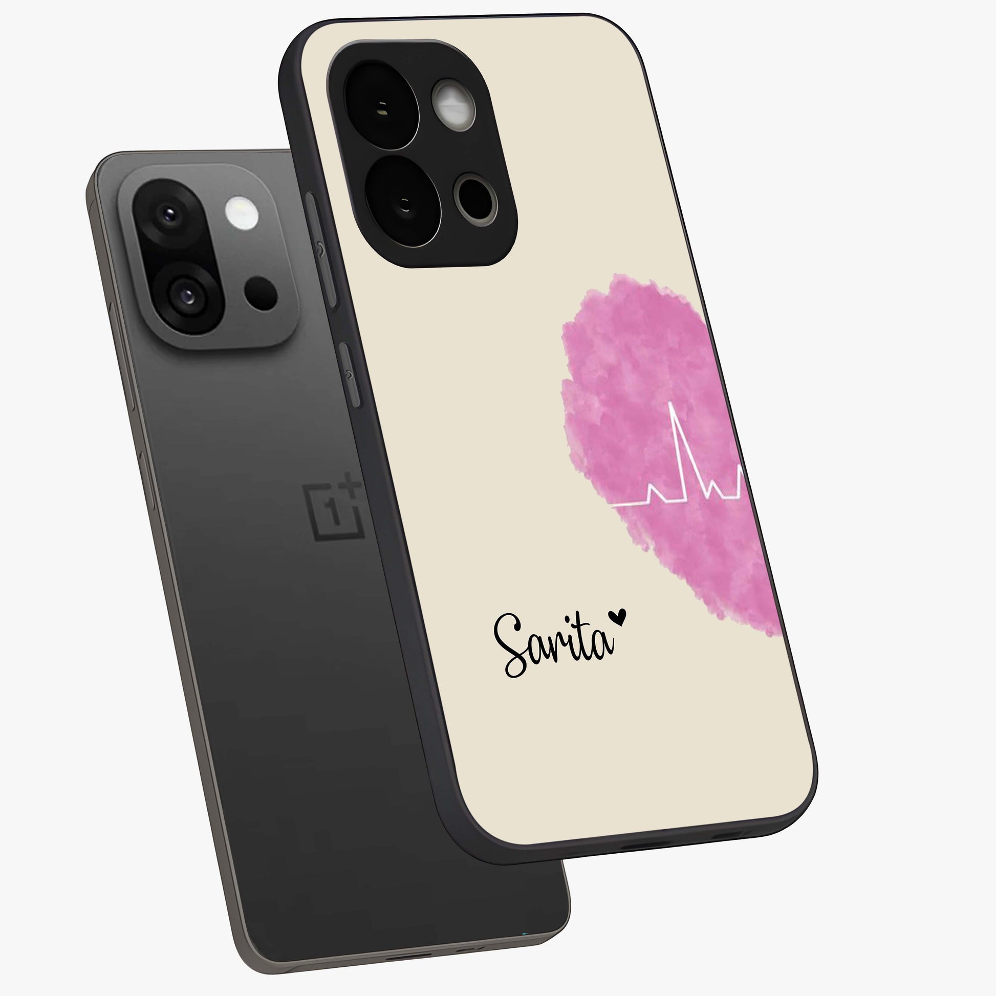 Heartbeat of Love Glass Case for 1+13S angled mockup showcasing glossy finish and warm red tones