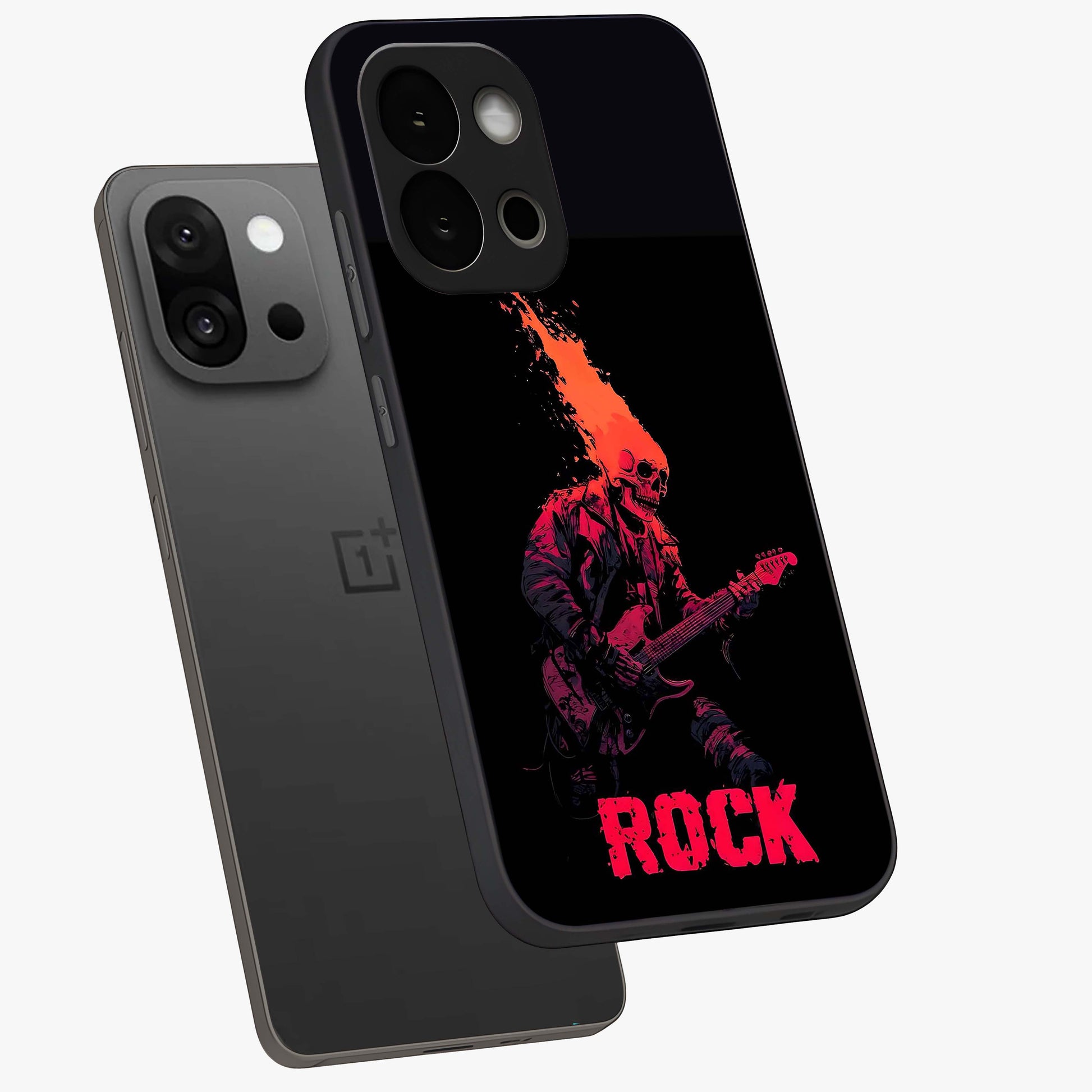 Hellfire Rock Anthem Glass Case for 1+13S captured at a warm angle highlighting bold flame tones, gloss, and edge clarity.