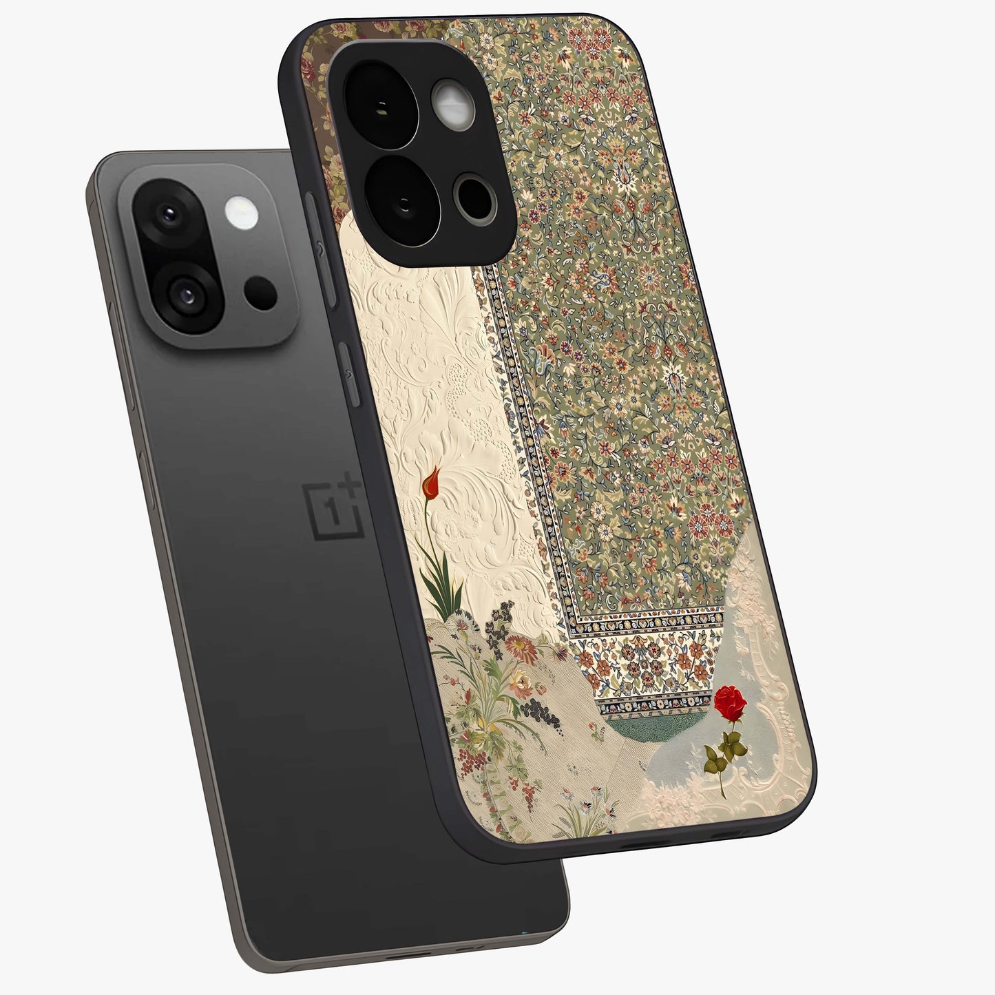 Heritage Textile Layers Glass Case for 1+13S captured at a warm angle highlighting rich fabric patterns, gloss, and edge clarity.