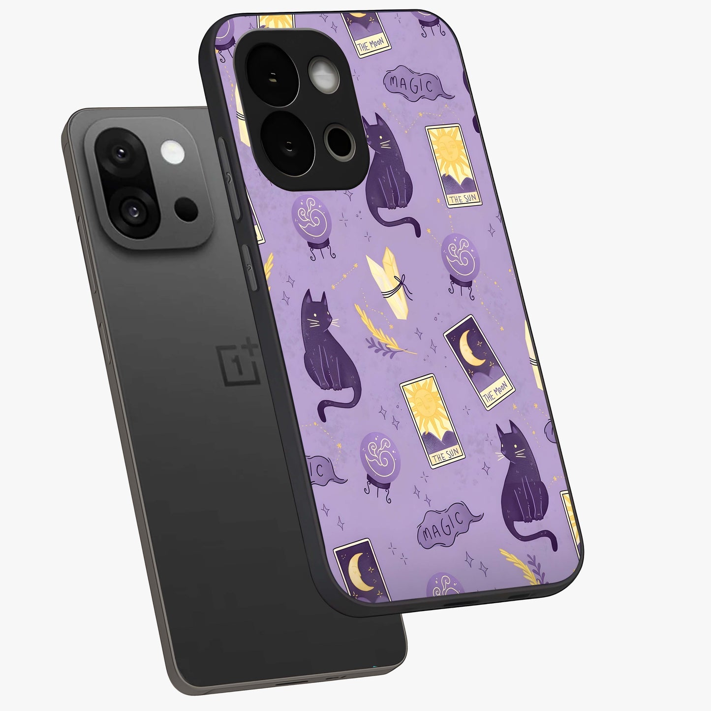 Humble Magic Cats Glass Case for 1+13S captured at a warm angle highlighting playful magical details, gloss, and edge clarity.