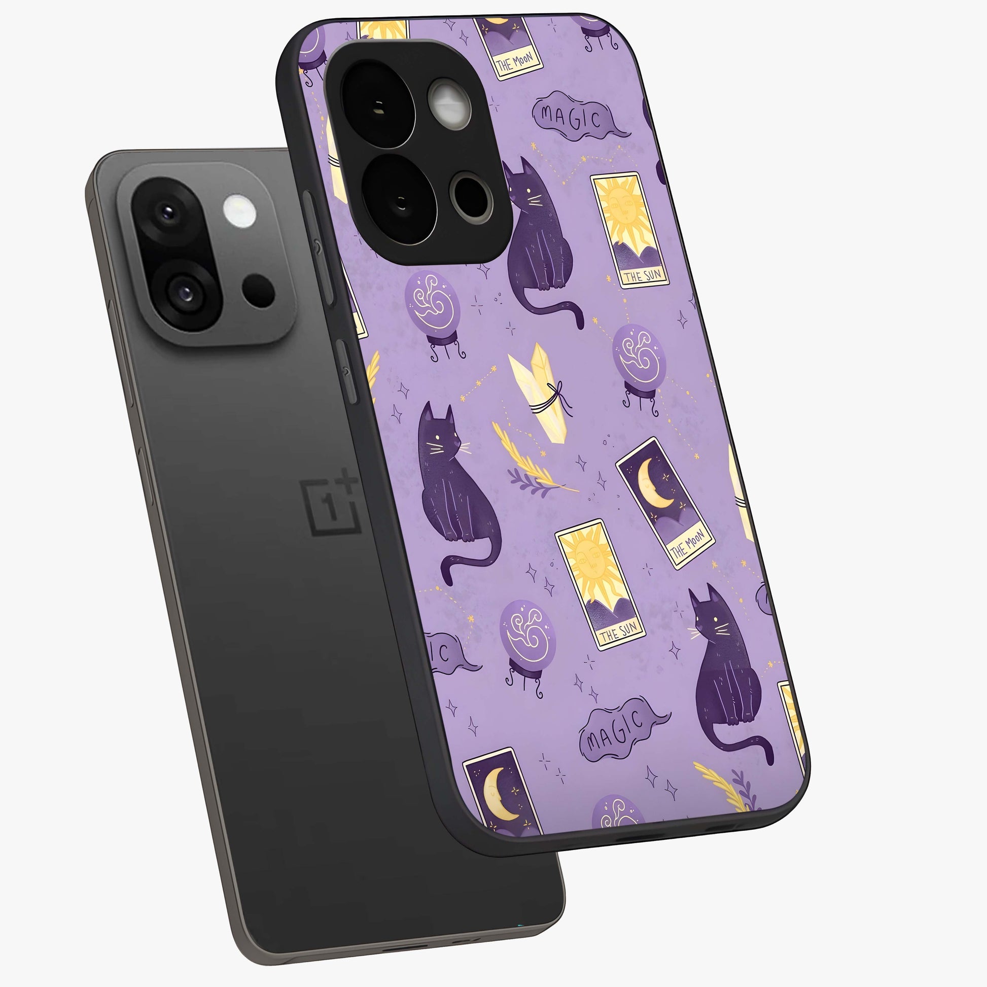 Humble Magic Cats Glass Case for 1+13S captured at a warm angle highlighting playful magical details, gloss, and edge clarity.