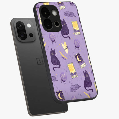 Humble Magic Cats Glass Case for 1+13S captured at a warm angle highlighting playful magical details, gloss, and edge clarity.