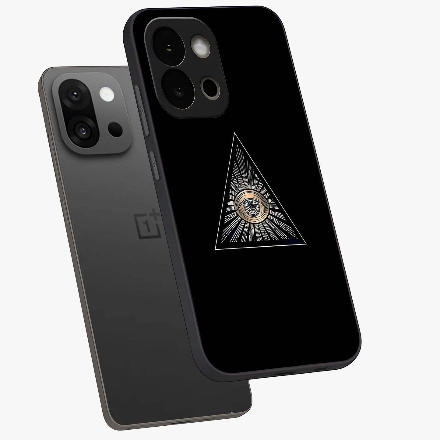 Illuminati Evil Glass Case for 1+13S captured at a warm angle highlighting sharp graphic details, gloss, and edge clarity.