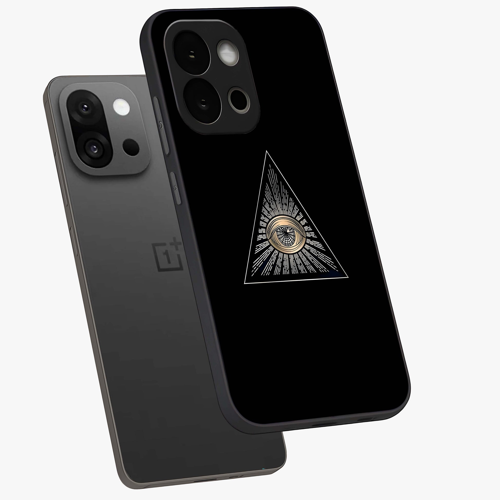 Illuminati Evil Glass Case for 1+13S captured at a warm angle highlighting sharp graphic details, gloss, and edge clarity.