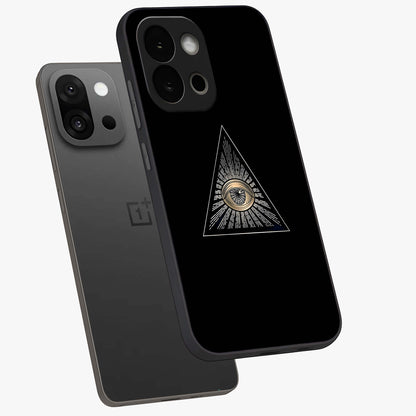 Illuminati Evil Glass Case for 1+13S captured at a warm angle highlighting sharp graphic details, gloss, and edge clarity.