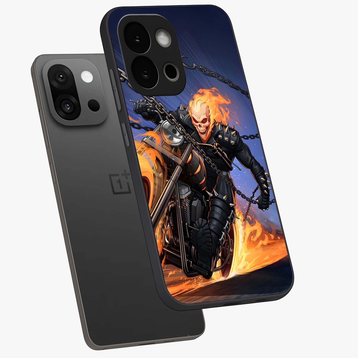 Inferno Chain Rider Glass Case for 1+13S captured at a warm angle highlighting intense flame details, gloss, and edge clarity.