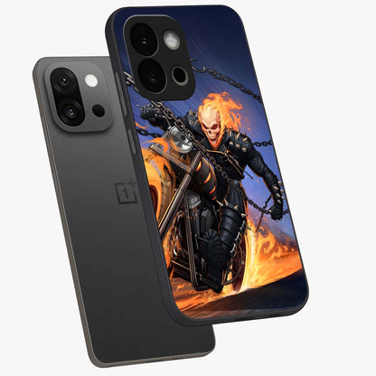 Inferno Chain Rider Glass Case for 1+13S captured at a warm angle highlighting intense flame details, gloss, and edge clarity.