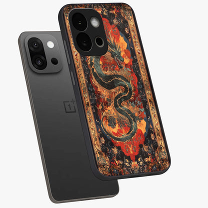 Inferno Dragon Soul Glass Case for 1+13S captured at a warm angle highlighting fierce fire tones, gloss, and edge clarity.