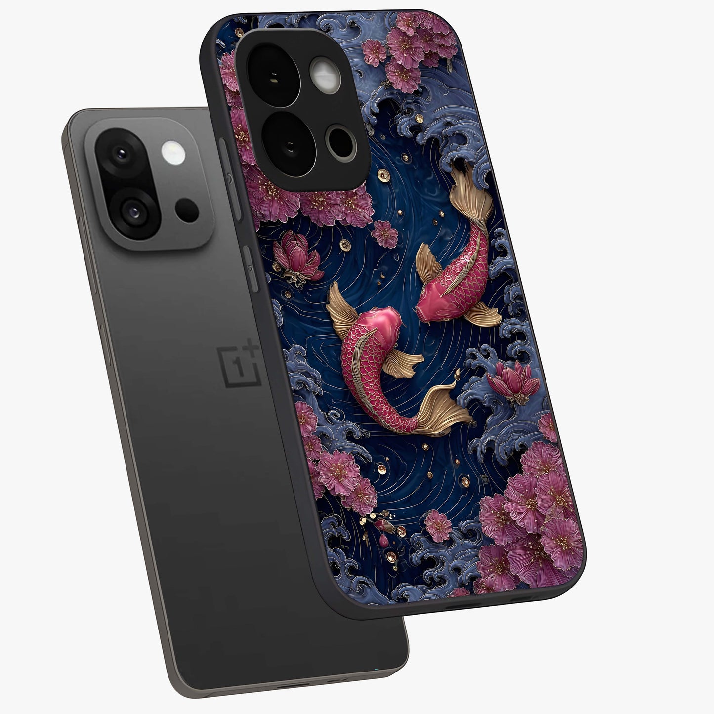 Koi Wave Dance Glass Case for 1+13S angled mockup showcasing glossy finish and vibrant aquatic tones