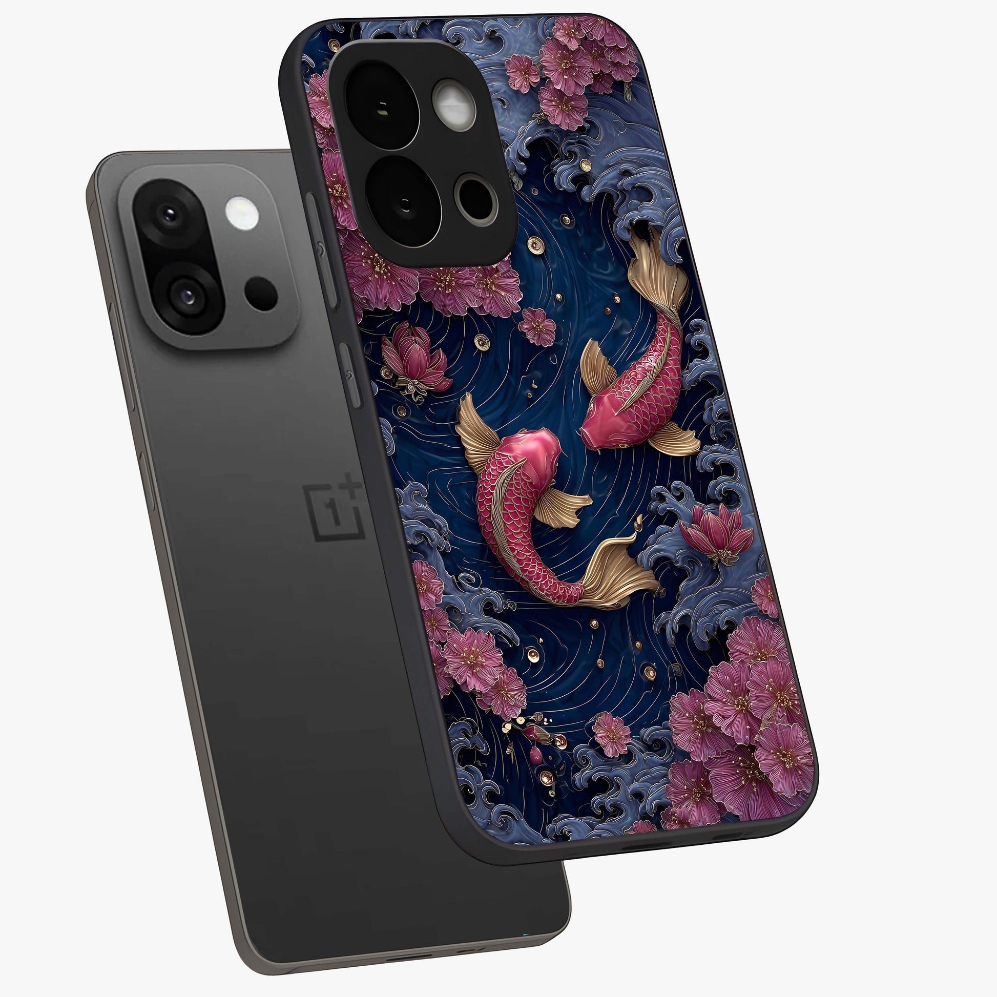 Koi Wave Dance Glass Case for 1+13S angled mockup showcasing glossy finish and vibrant aquatic tones