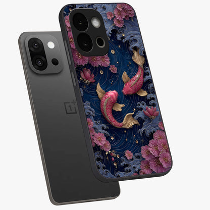 Koi Wave Dance Glass Case for 1+13S angled mockup showcasing glossy finish and vibrant aquatic tones