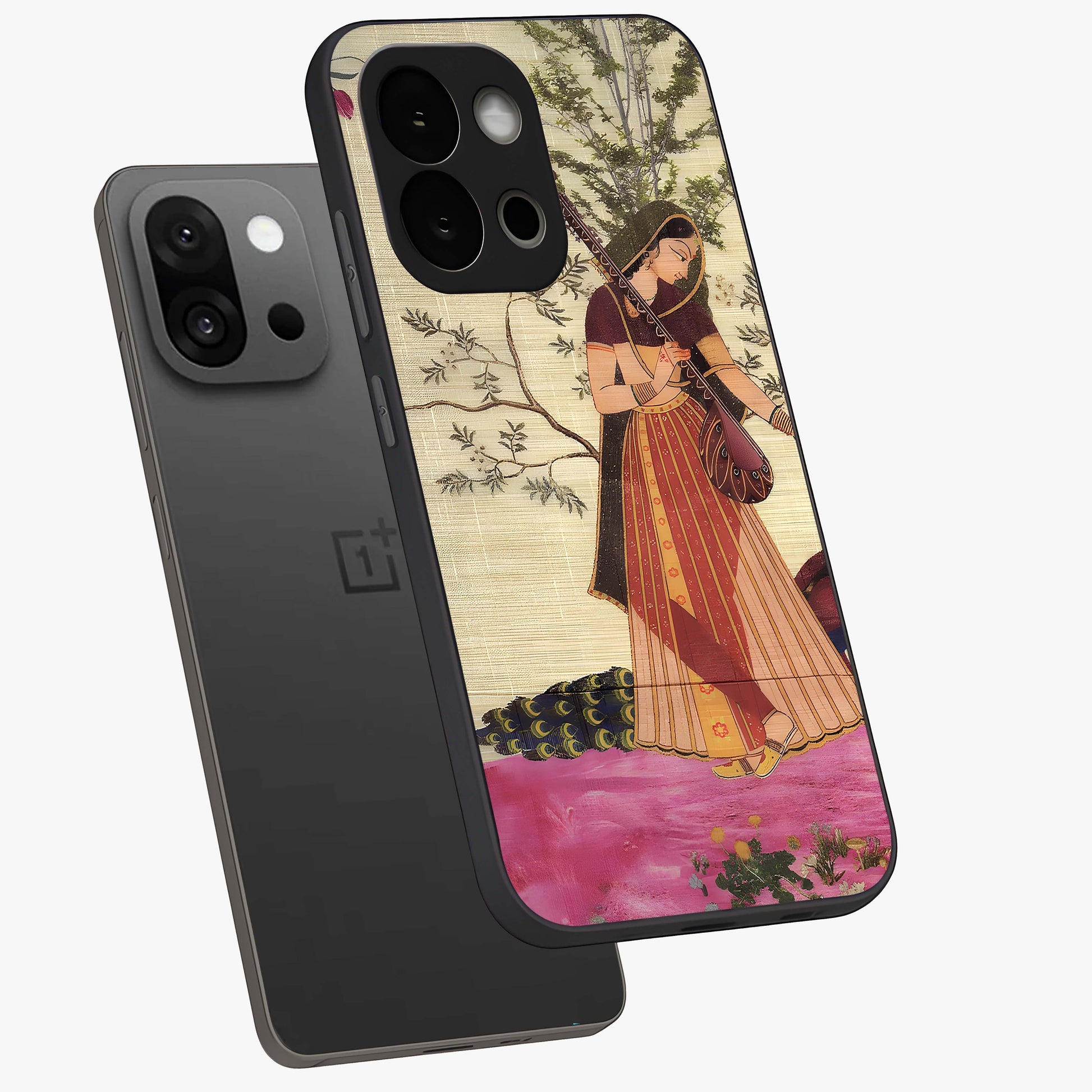 Lady With Veena Art Glass Case for 1+13S angled mockup showcasing glossy finish and refined artistic detailing
