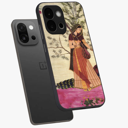 Lady With Veena Art Glass Case for 1+13S angled mockup showcasing glossy finish and refined artistic detailing