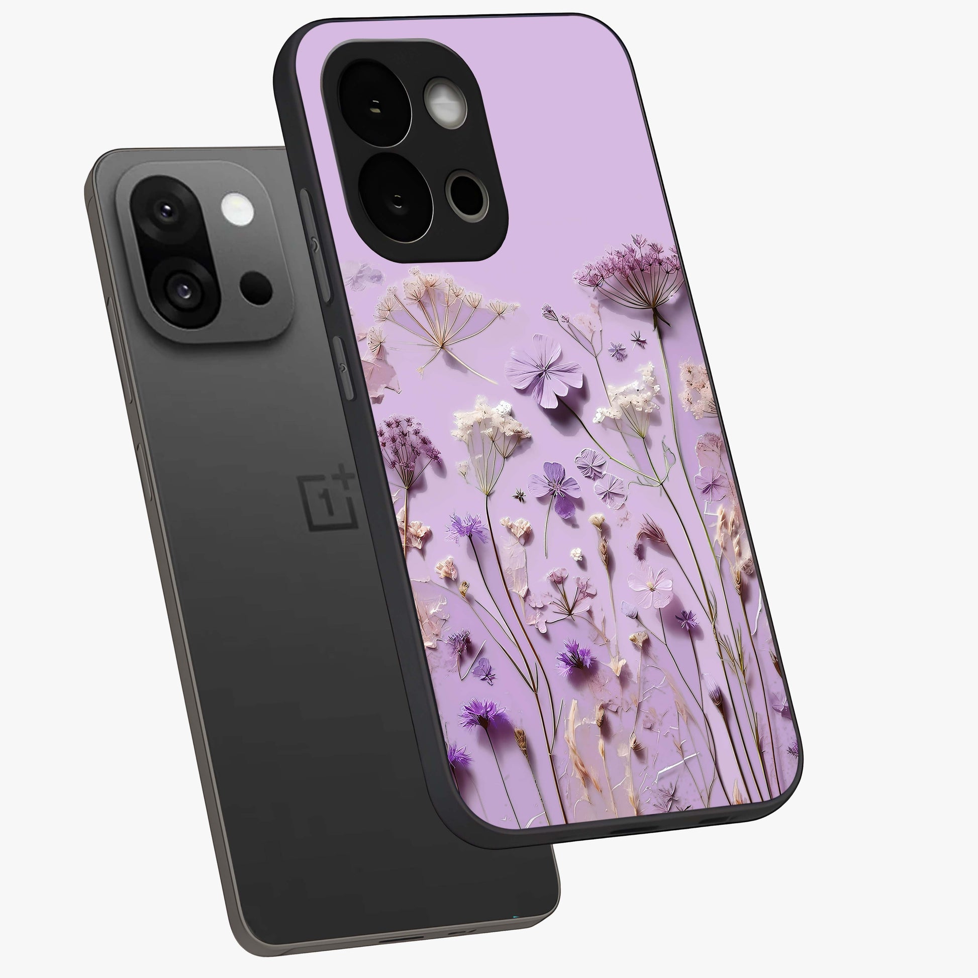 Lavender Blossom Dream Glass Case for 1+13S angled mockup showcasing glossy finish and pastel purple tones