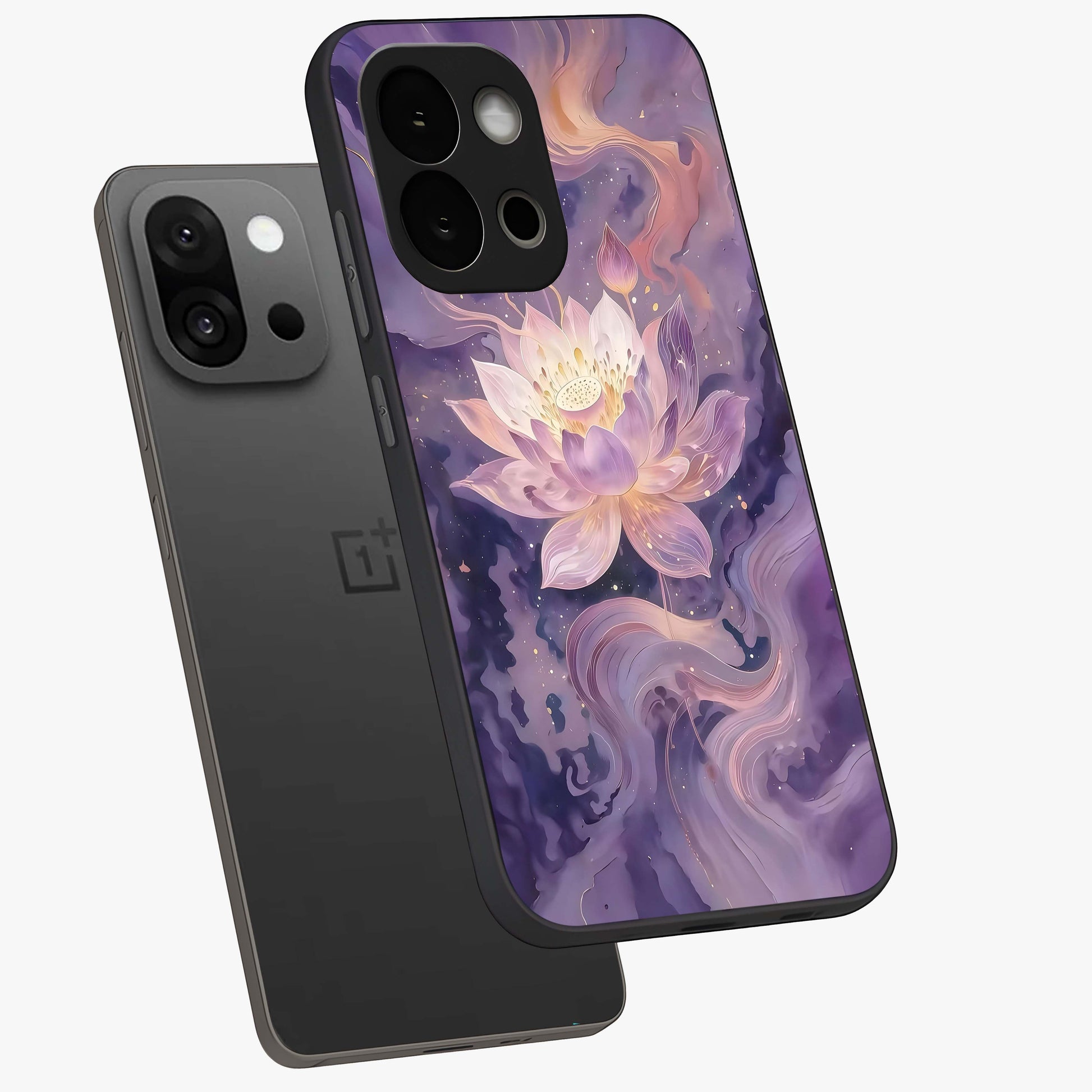 Lavender Lotus Muse Glass Case for 1+13S angled mockup showcasing glossy finish and refined floral detailing